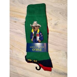Polo Ralph Lauren Bear Cowboy Socks Green Fair Isle Red Holiday Size 10-13 NEW